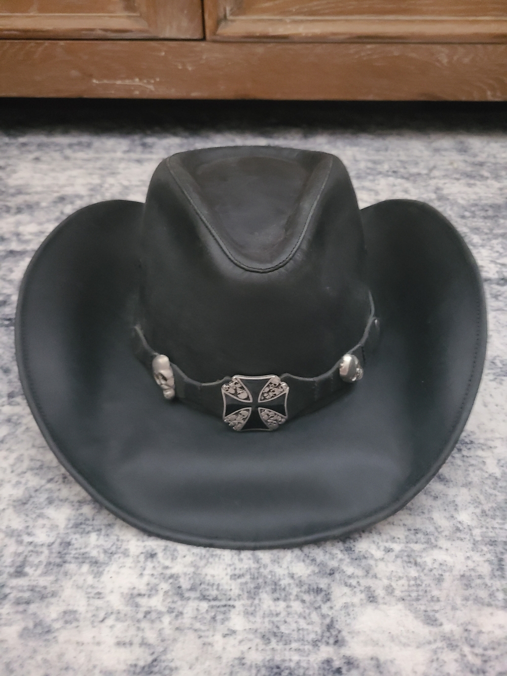 Austin Genuine Leather Cowboy Hat Black Outlaw Biker Gothic Skulls Iron Cross.